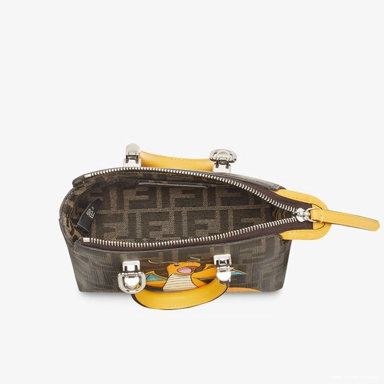 Affordable HOT Mini Way Dragon Fabric Pokmon FF By Fendi Boston In Brown The Bag Motif Yellow 0729
